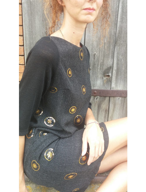 Straight dress / black / knitted sleeves / sequins medallions. 03017