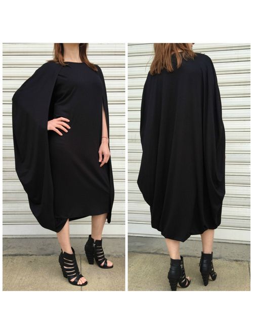 Black Extravagant Dress / Dramatic Cape Dress / Fashion Elegant Dress / Unique Midi Dress - "All To Myself"