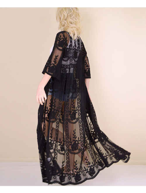 Buy Women's Embroidered Sheer Lace Kimono Sleeve Long Duster Cardigan ...