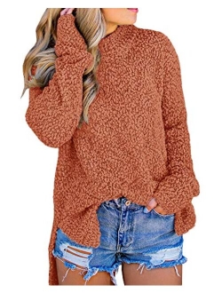 Imily Bela Womens Fuzzy Knitted Sweater Sherpa Fleece Side Slit Full Sleeve Jumper Outwears