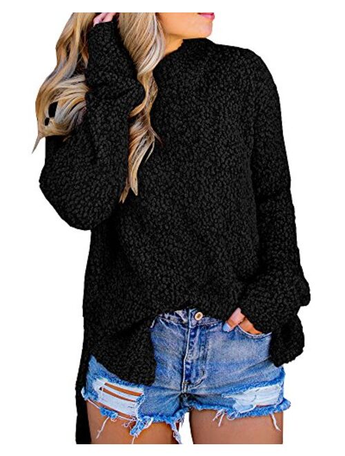 Imily Bela Womens Fuzzy Knitted Sweater Sherpa Fleece Side Slit Full Sleeve Jumper Outwears