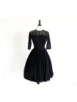 1950s Black Cocktail Dress in Chiffon and Lace, Grace Kelly Dress