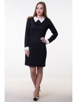 Midi black dress white collar Classic pencil dress Black office dress School teacher dress Black wrap dress short