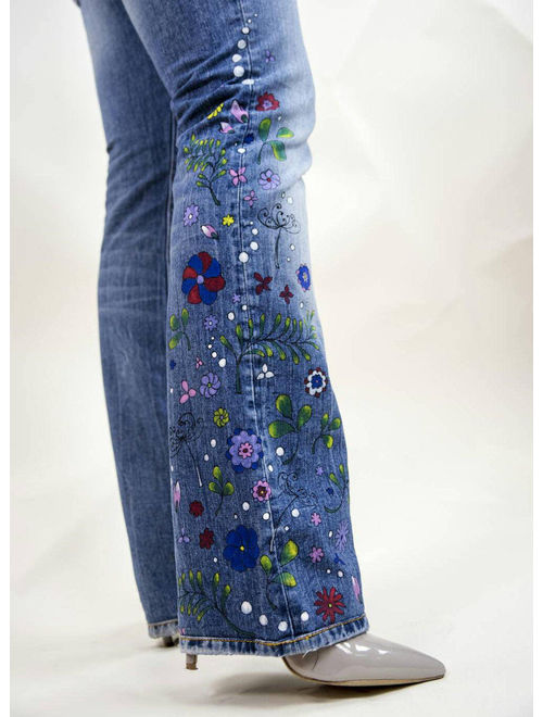 Hand Painted boho jeans US 10/ EU 40/ UK 12, Bootcut women&#39;s painted clothing Flowers handmade festive spring summer wear handpainted