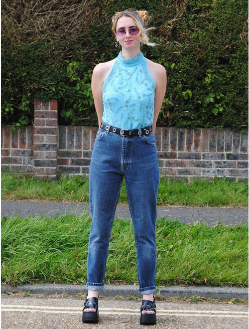 90s Vintage Super High Waisted Mid Wash Mom Jeans