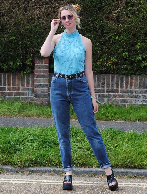 90s Vintage Super High Waisted Mid Wash Mom Jeans