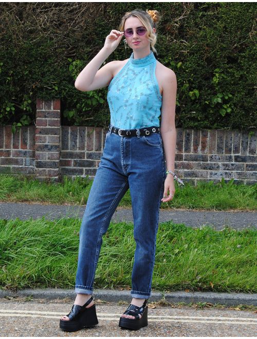 90s Vintage Super High Waisted Mid Wash Mom Jeans