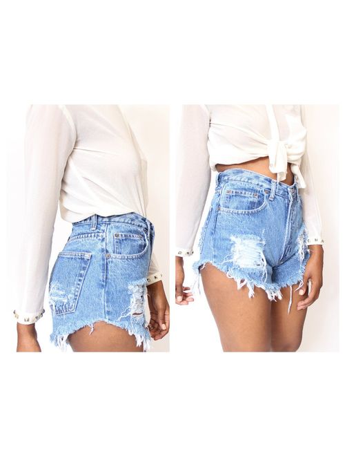 All Sizes Destroyed Ripped Distress High Waist Shorts Plus Sizes