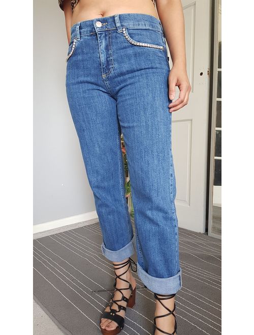 Traditional 5-pocket mid-wash blue, ankle grazer slim leg jeans with aurora borealis rhinestone embellishment UK SIZES 8-18 AVAILABLE