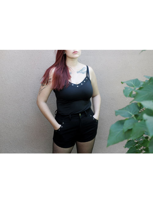 Black Punk Gothic Rivet Shorts / Black Highwaist Shorts with Pockets / Gothic Punk Metalhead Studs Rivets Pocket Shorts