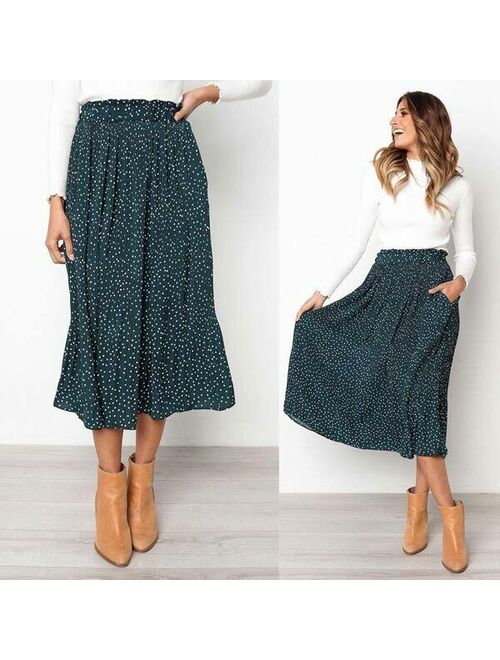 Flared swing floral summer pleated long skirt maxi dress new high waist women