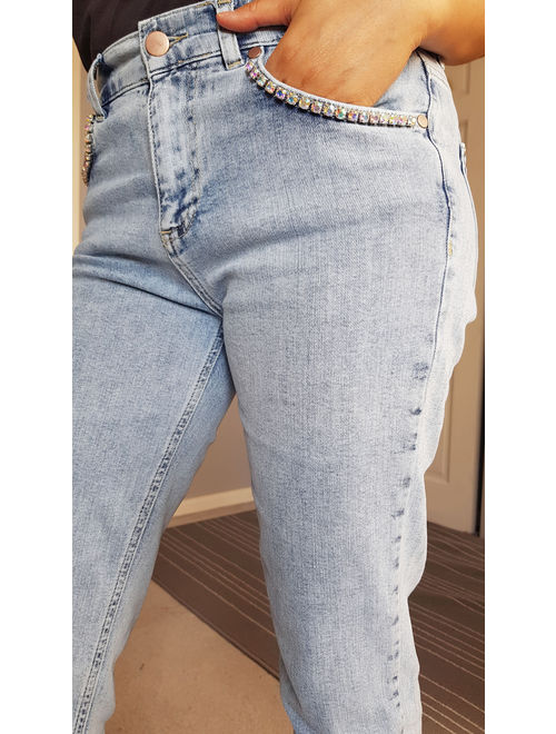 Traditional 5-pocket mid-rise stone wash slim leg, ankle grazer jeans with aurora borealis trim UK SIZES 8-18 AVAILABLE