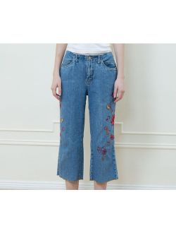 90s cropped blue jeans 30 | floral embroidered denim | flower embroidery jeans | medium cropped jeans | french kuff jeans