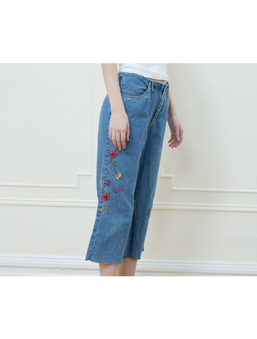 90s cropped blue jeans 30 | floral embroidered denim | flower embroidery jeans | medium cropped jeans | french kuff jeans