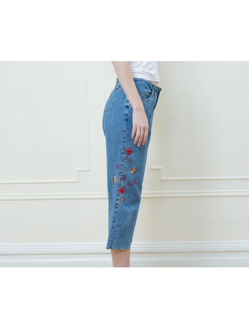 90s cropped blue jeans 30 | floral embroidered denim | flower embroidery jeans | medium cropped jeans | french kuff jeans