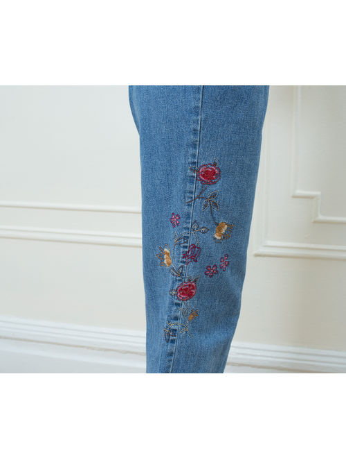 90s cropped blue jeans 30 | floral embroidered denim | flower embroidery jeans | medium cropped jeans | french kuff jeans