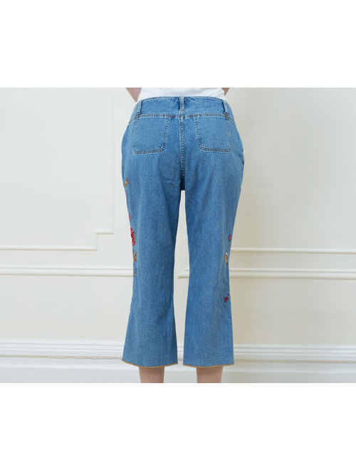 90s cropped blue jeans 30 | floral embroidered denim | flower embroidery jeans | medium cropped jeans | french kuff jeans