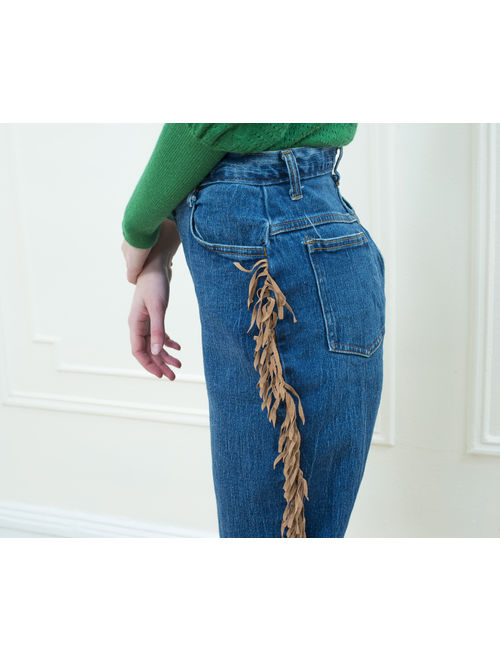 80s fringe high waisted jeans small | 28 waist western leather fringe jeans | high rise tapered rodeo jeans | cap ferrat high waist jeans