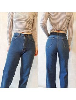 sz XS/2 - unbranded medium/dark wash denim thick n sturdy denim high-waisted blue jeans // women's, vintage, straight leg, stitching, waist