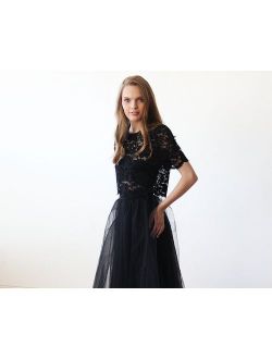 Black lace short sleeves top, Lace black sheer top 2037