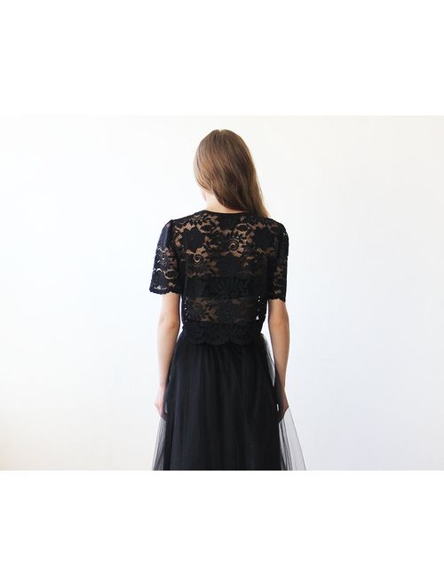 Black lace short sleeves top, Lace black sheer top 2037