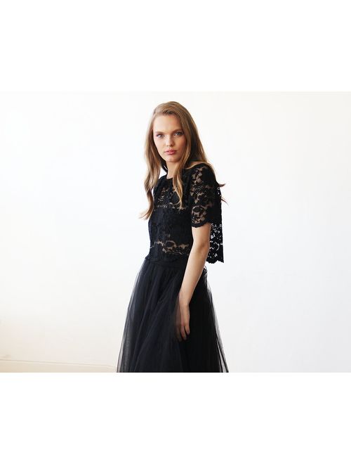 Black lace short sleeves top, Lace black sheer top 2037