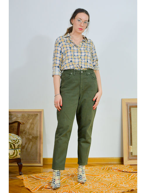 Green jeans Super high waist pants Vintage 90&#39;s trousers tapered leg zip fly XL