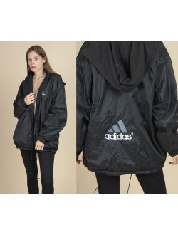 90s Adidas Fleece Lined Windbreaker Jacket - Mens Medium | Vintage Black Hooded Oversize Streetwear Coat