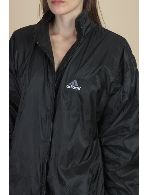 90s Adidas Fleece Lined Windbreaker Jacket - Mens Medium | Vintage Black Hooded Oversize Streetwear Coat