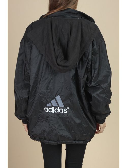 90s Adidas Fleece Lined Windbreaker Jacket - Mens Medium | Vintage Black Hooded Oversize Streetwear Coat