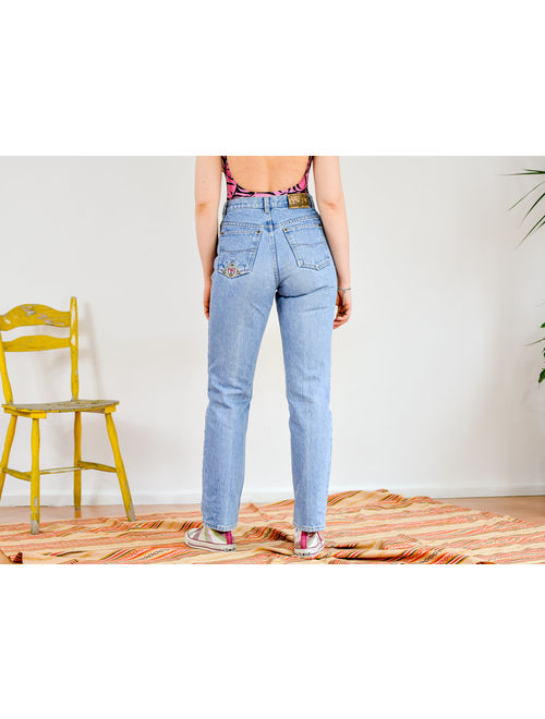 FBI jeans W29 L31 vintage 90&#39;s mom jeans high waist light blue denim pants straight fit leg zip fly M Medium