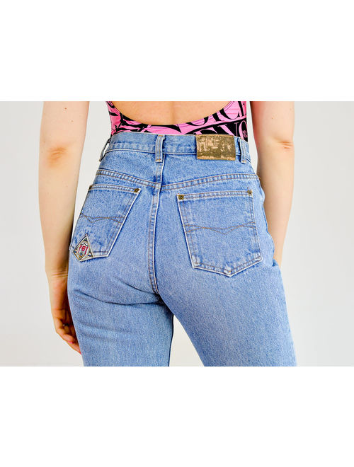 FBI jeans W29 L31 vintage 90&#39;s mom jeans high waist light blue denim pants straight fit leg zip fly M Medium