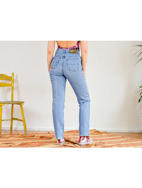 FBI jeans W29 L31 vintage 90&#39;s mom jeans high waist light blue denim pants straight fit leg zip fly M Medium