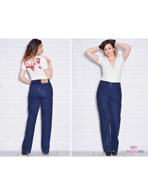 Levi's Denim Pants Levis 501 Jeans Mom High Rise Waisted Navy Long Blue Vintage Button Fly Grunge Edgy 90s Trousers