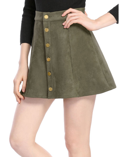 Unique Bargains Women's Faux Suede Front Button Mid Rise Mini A-Line Skirt (Size M / 10) Brown