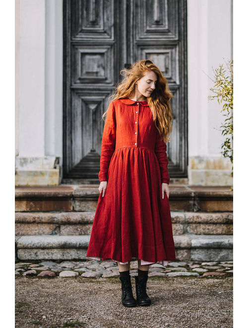 Red Dress, Linen Dress, Linen Clothing, Boho Maxi Dress, Long Sleeve Dress, Red Maxi Dress, Renaissance Clothing, Romantic /Classic Dress LS