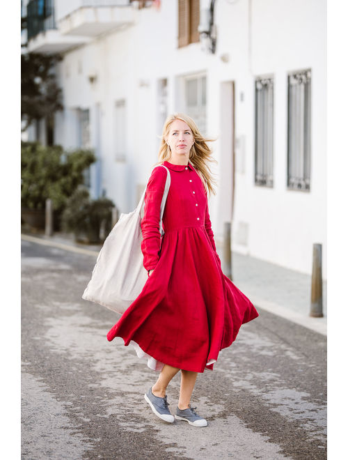 Red Dress, Linen Dress, Linen Clothing, Boho Maxi Dress, Long Sleeve Dress, Red Maxi Dress, Renaissance Clothing, Romantic /Classic Dress LS