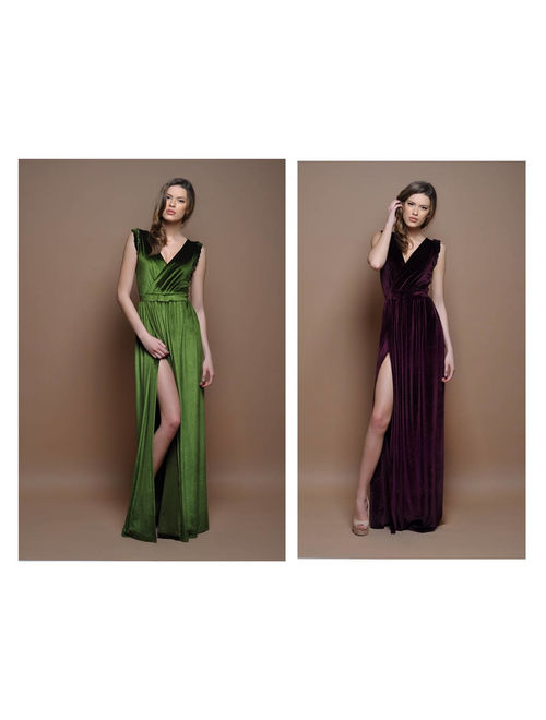 Dark Green Velvet Maxi Dress/ Wrap Neckline High Slit Bridesmaid Dress/ Sleeveless Waistband Sash