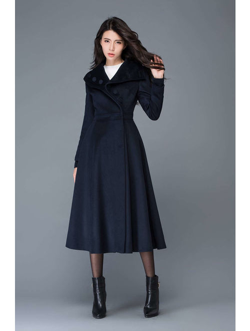 Midi wool coat, wool coat, womens winter coats, dress coat, navy blue coat, flare coat, warm coat, swing coat, made to order C1021.