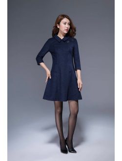 navy wool dress, mini dress, collar dress, fitted dress, womens dresses, romantic dress, cute dress, A line dress, patchwork dress 1815#