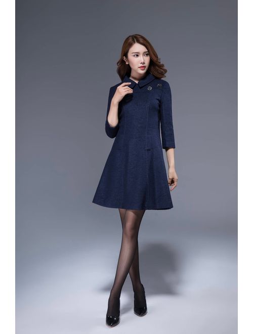 navy wool dress, mini dress, collar dress, fitted dress, womens dresses, romantic dress, cute dress, A line dress, patchwork dress 1815#