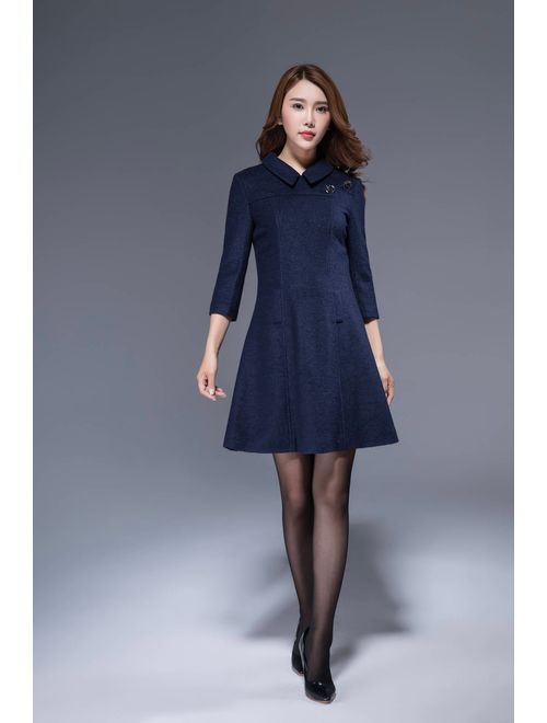 navy wool dress, mini dress, collar dress, fitted dress, womens dresses, romantic dress, cute dress, A line dress, patchwork dress 1815#