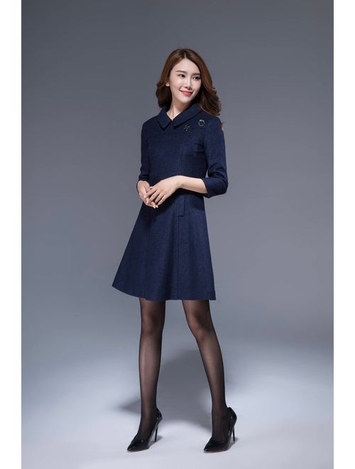 navy wool dress, mini dress, collar dress, fitted dress, womens dresses, romantic dress, cute dress, A line dress, patchwork dress 1815#