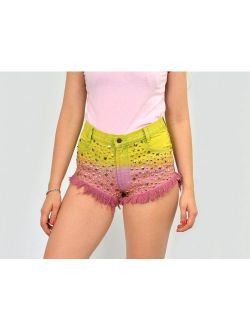 OMBRE SHORTS Studded pink yellow golden studs Cutoff denim jean frayed ripped woman L large size 31" waist