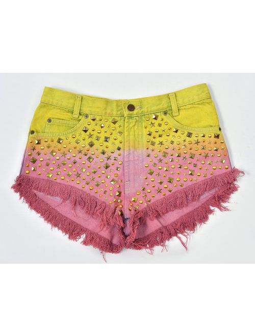 OMBRE SHORTS Studded pink yellow golden studs Cutoff denim jean frayed ripped woman L large size 31" waist