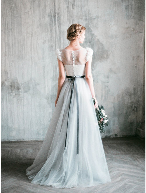 NEVA // Romantic grey wedding dress, lace and tulle a-line wedding gown, corset bodice, long dress with delicate chiffon flowers, milamira