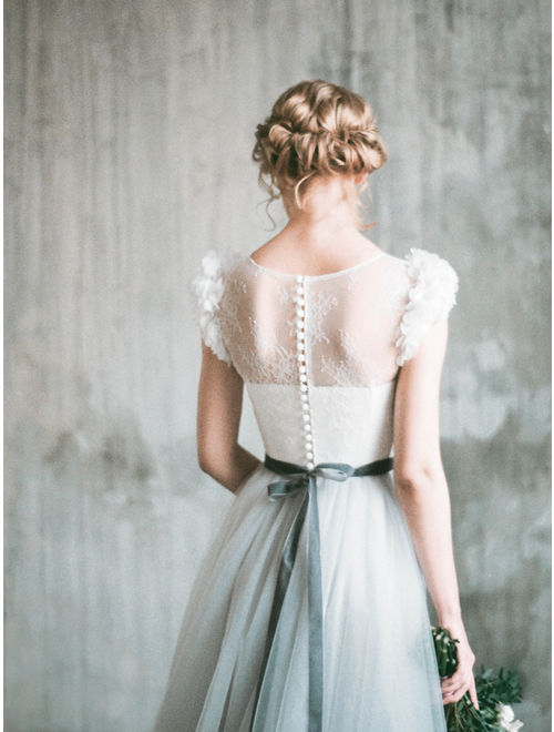 NEVA // Romantic grey wedding dress, lace and tulle a-line wedding gown, corset bodice, long dress with delicate chiffon flowers, milamira