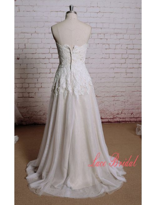 Wedding dress of Sweetheart Neckline Ivory Color Lace with Champange underlay Bridal Gown A-line Wedding Dress with Sweep Train