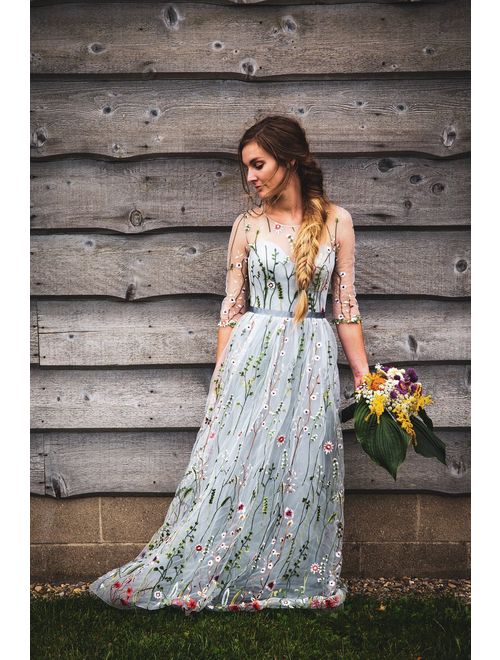 Flower wedding dress in gray, Color wedding dress with sleeves, Bridal dress Long wedding gown in grey, Embroidered wedding dress from tulle