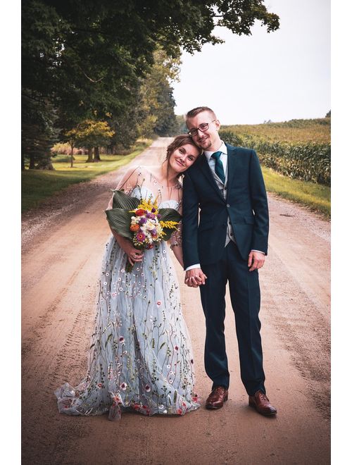 Flower wedding dress in gray, Color wedding dress with sleeves, Bridal dress Long wedding gown in grey, Embroidered wedding dress from tulle